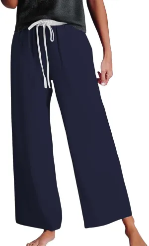 Womens Linen Palazzo Pants 2025 Summer Solid Elastic Waist Wide Leg Drawstring Casual Pant Baggy Flowy Lounge Trouser