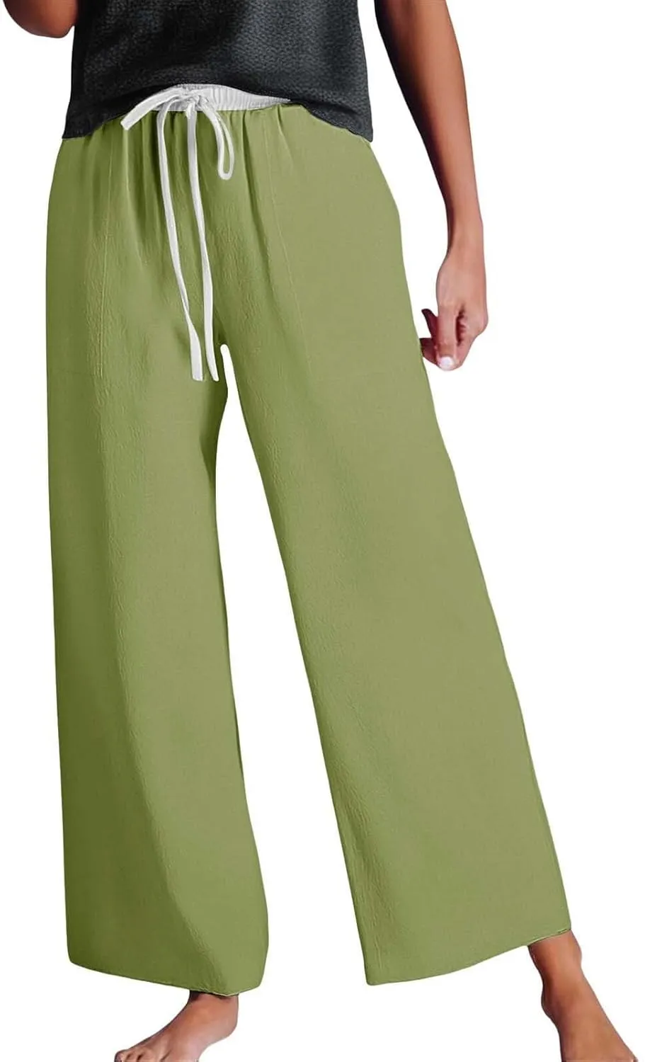 Womens Linen Palazzo Pants 2025 Summer Solid Elastic Waist Wide Leg Drawstring Casual Pant Baggy Flowy Lounge Trouser