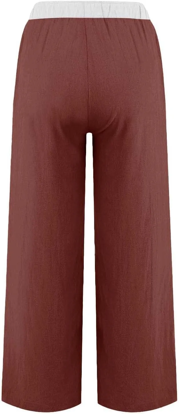 Womens Linen Palazzo Pants 2025 Summer Solid Elastic Waist Wide Leg Drawstring Casual Pant Baggy Flowy Lounge Trouser