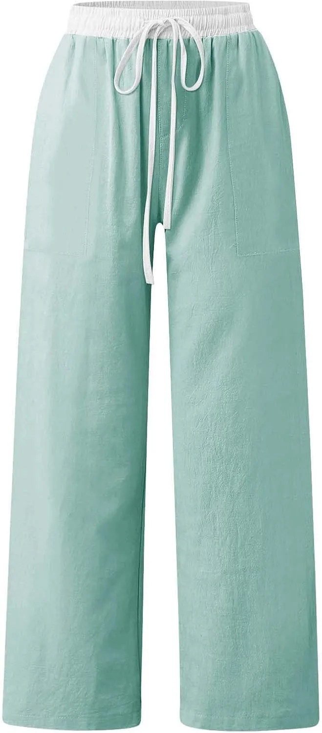 Womens Linen Palazzo Pants 2025 Summer Solid Elastic Waist Wide Leg Drawstring Casual Pant Baggy Flowy Lounge Trouser