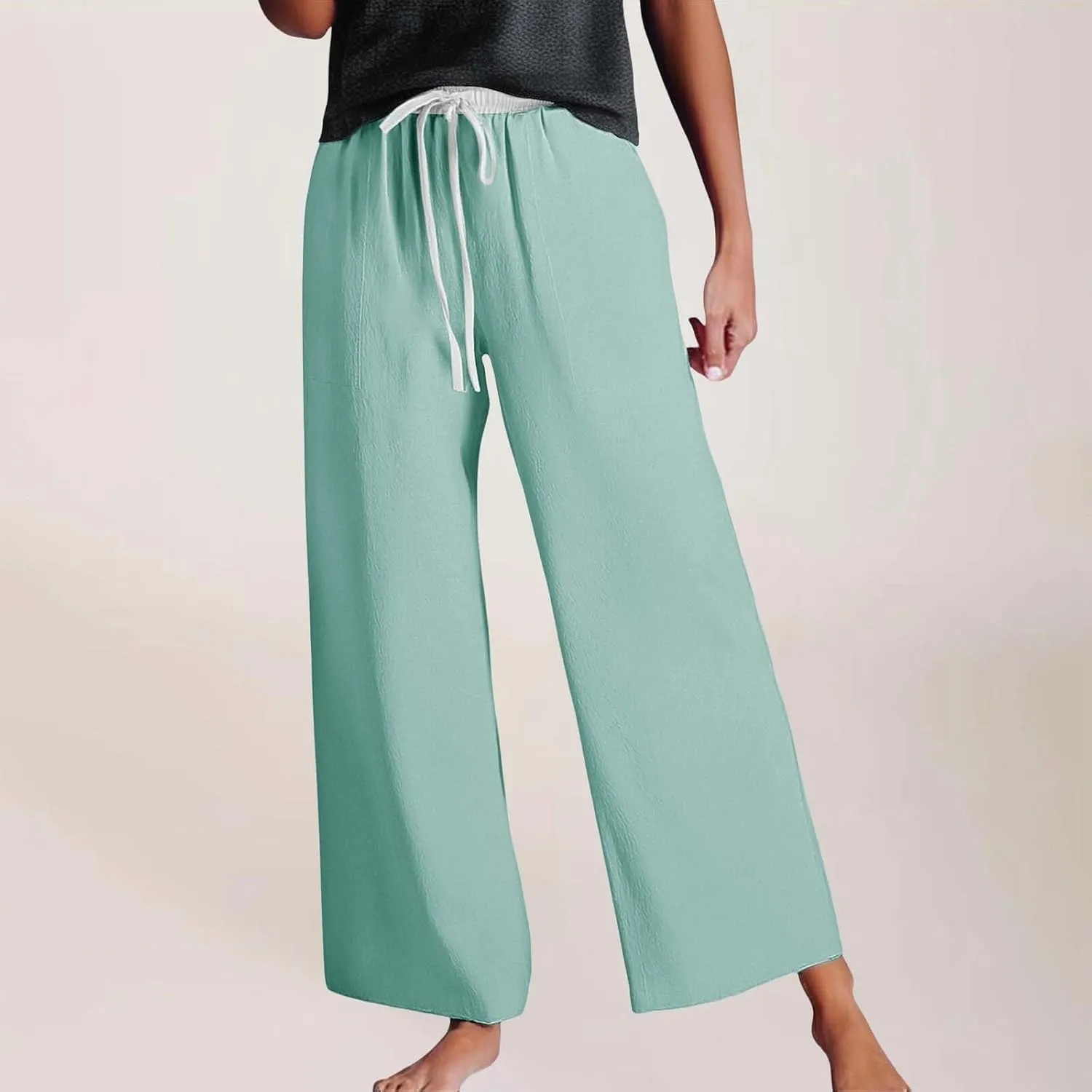 Womens Linen Palazzo Pants 2025 Summer Solid Elastic Waist Wide Leg Drawstring Casual Pant Baggy Flowy Lounge Trouser