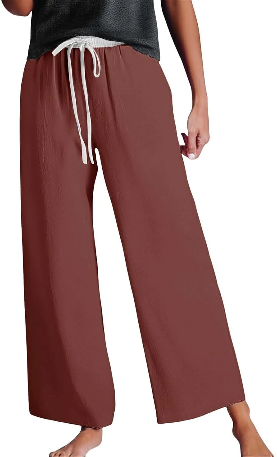 Womens Linen Palazzo Pants 2025 Summer Solid Elastic Waist Wide Leg Drawstring Casual Pant Baggy Flowy Lounge Trouser