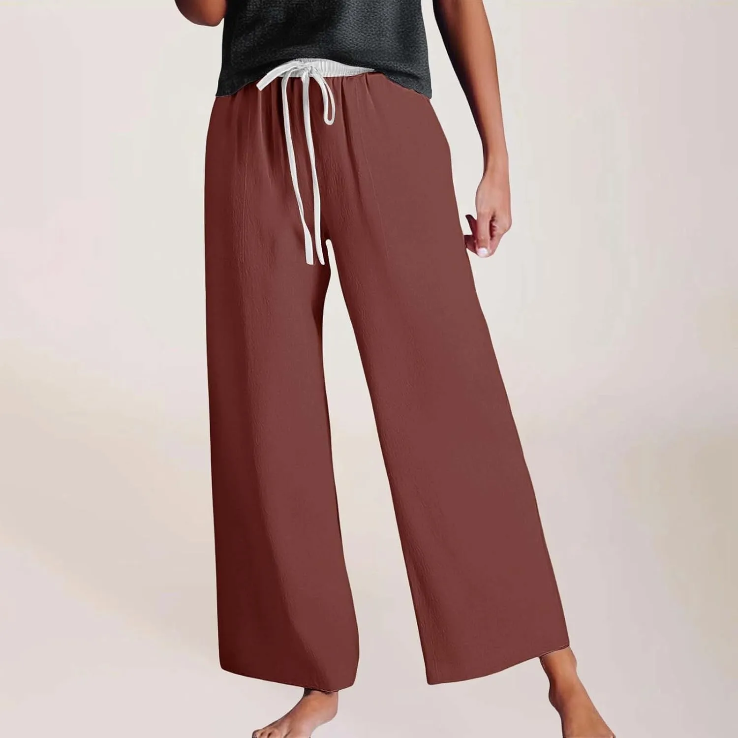 Womens Linen Palazzo Pants 2025 Summer Solid Elastic Waist Wide Leg Drawstring Casual Pant Baggy Flowy Lounge Trouser
