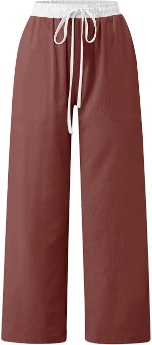 Womens Linen Palazzo Pants 2025 Summer Solid Elastic Waist Wide Leg Drawstring Casual Pant Baggy Flowy Lounge Trouser
