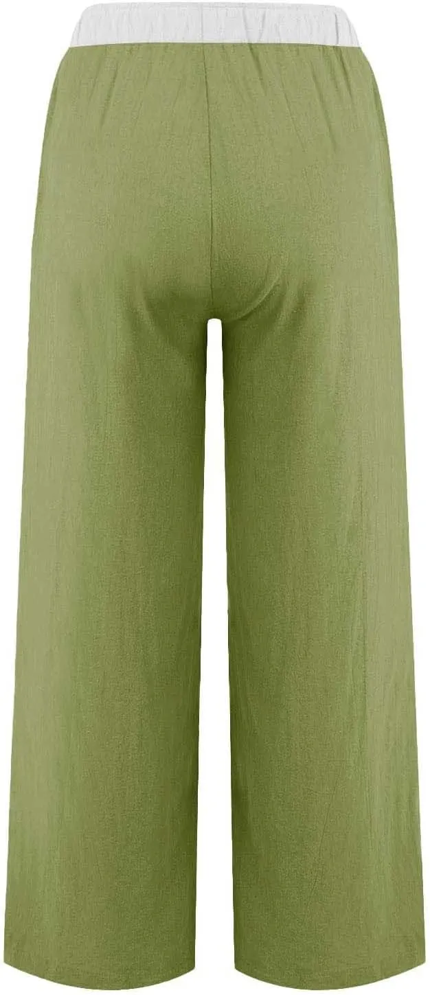 Womens Linen Palazzo Pants 2025 Summer Solid Elastic Waist Wide Leg Drawstring Casual Pant Baggy Flowy Lounge Trouser