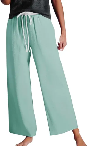 Womens Linen Palazzo Pants 2025 Summer Solid Elastic Waist Wide Leg Drawstring Casual Pant Baggy Flowy Lounge Trouser