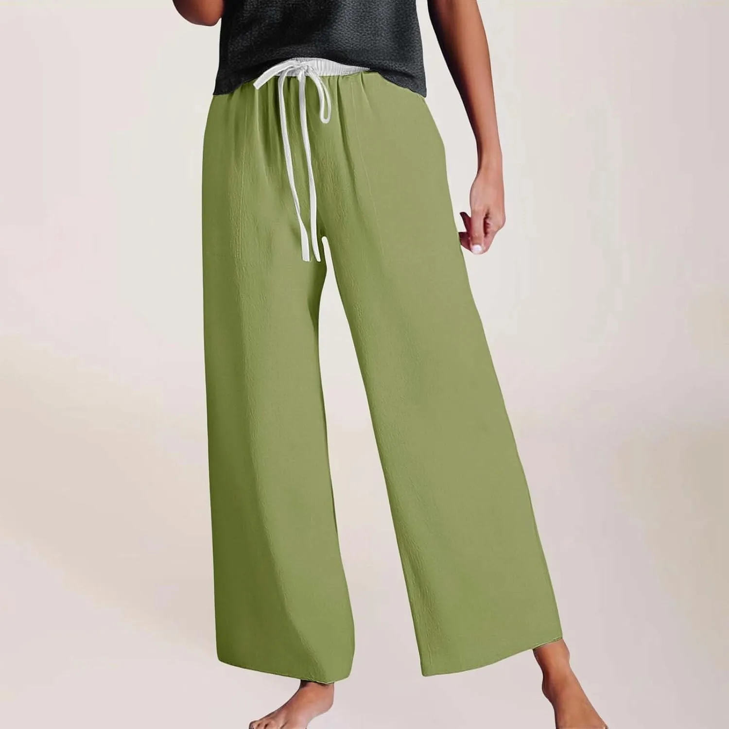 Womens Linen Palazzo Pants 2025 Summer Solid Elastic Waist Wide Leg Drawstring Casual Pant Baggy Flowy Lounge Trouser