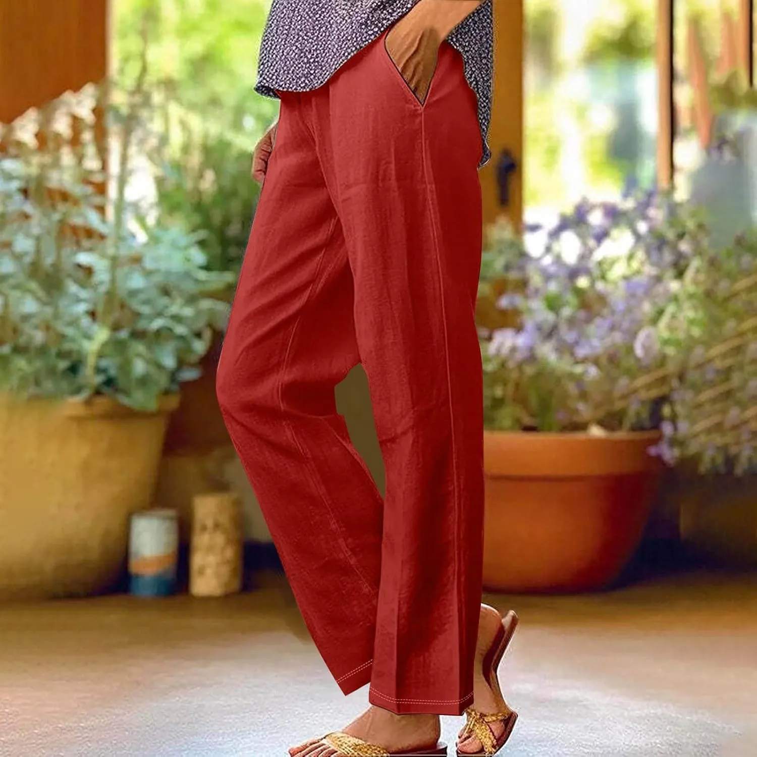 Women's Linen Palazzo Pants Cotton and Linen Long Pants Summer Boho Wide Leg High Waist Women Summer White