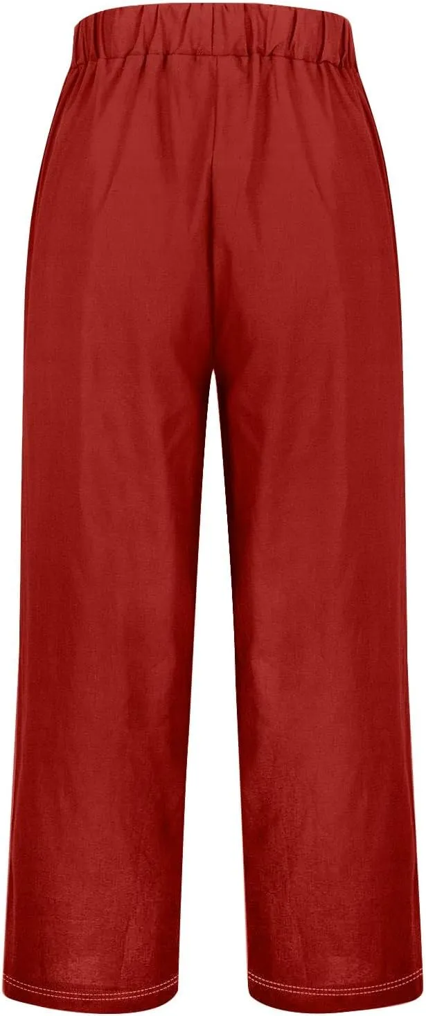 Women's Linen Palazzo Pants Cotton and Linen Long Pants Summer Boho Wide Leg High Waist Women Summer White