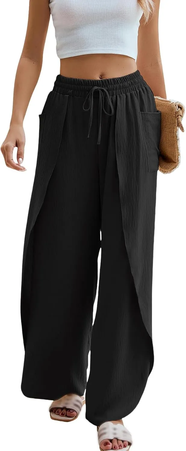 Women's Linen Palazzo Pants Summer Flowy Wide Leg Drawstring Business Casual Dress Pants Boho Trousers