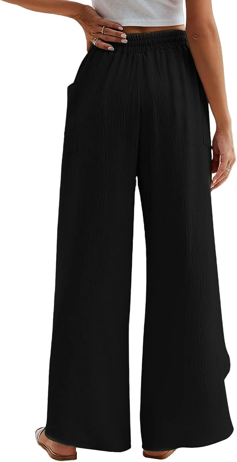 Women's Linen Palazzo Pants Summer Flowy Wide Leg Drawstring Business Casual Dress Pants Boho Trousers