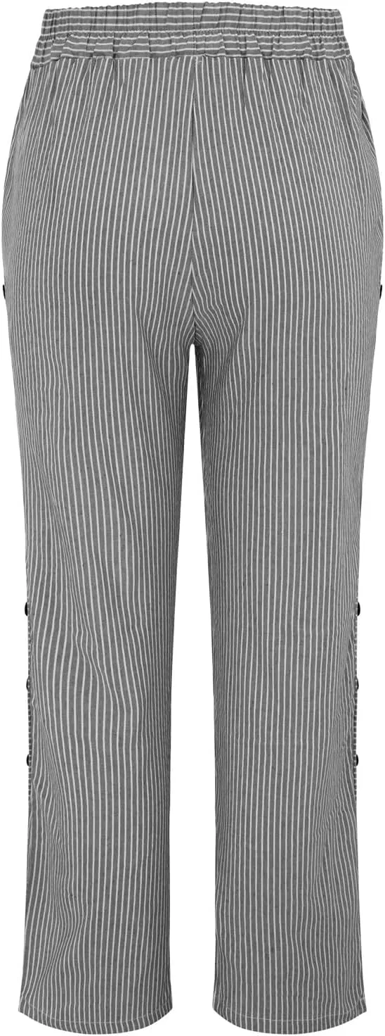 Women's Linen Pants 2025 Summer Pants for Women Casual Stripe Print Elastic Waist Straight Leg Comfy Trousers