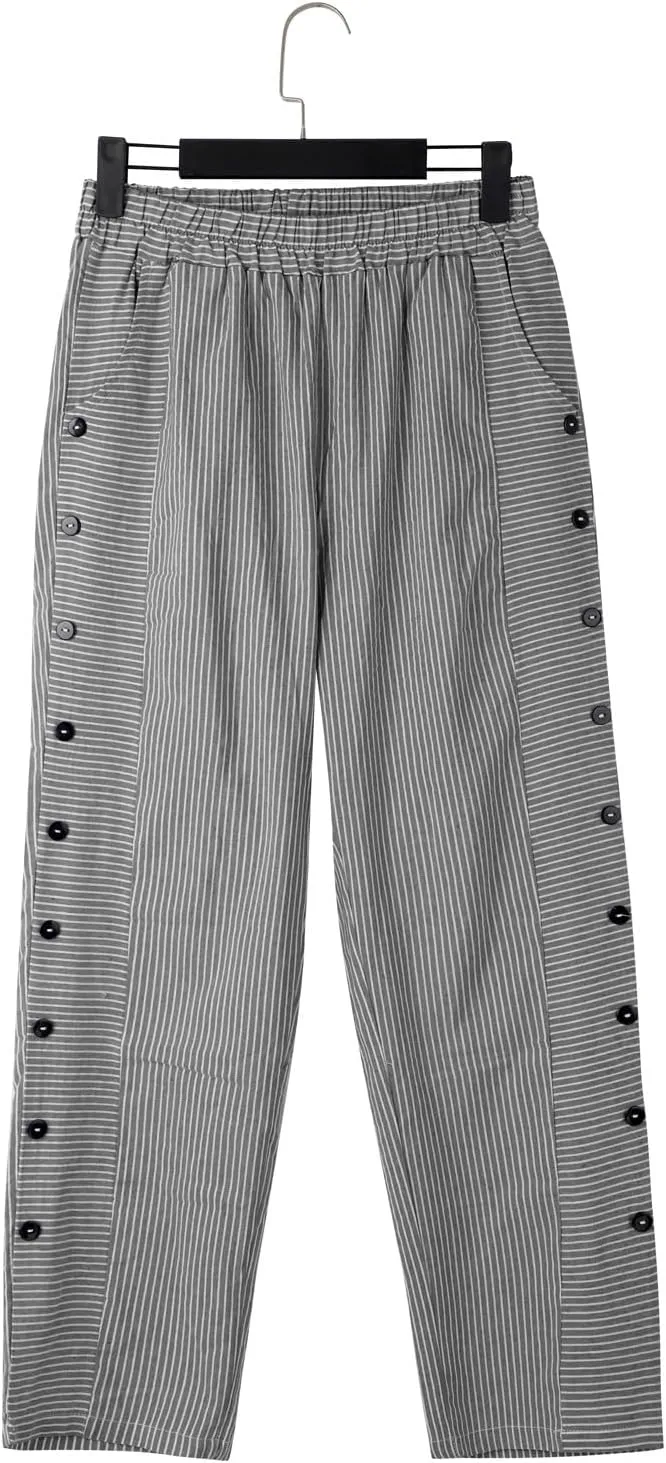 Women's Linen Pants 2025 Summer Pants for Women Casual Stripe Print Elastic Waist Straight Leg Comfy Trousers