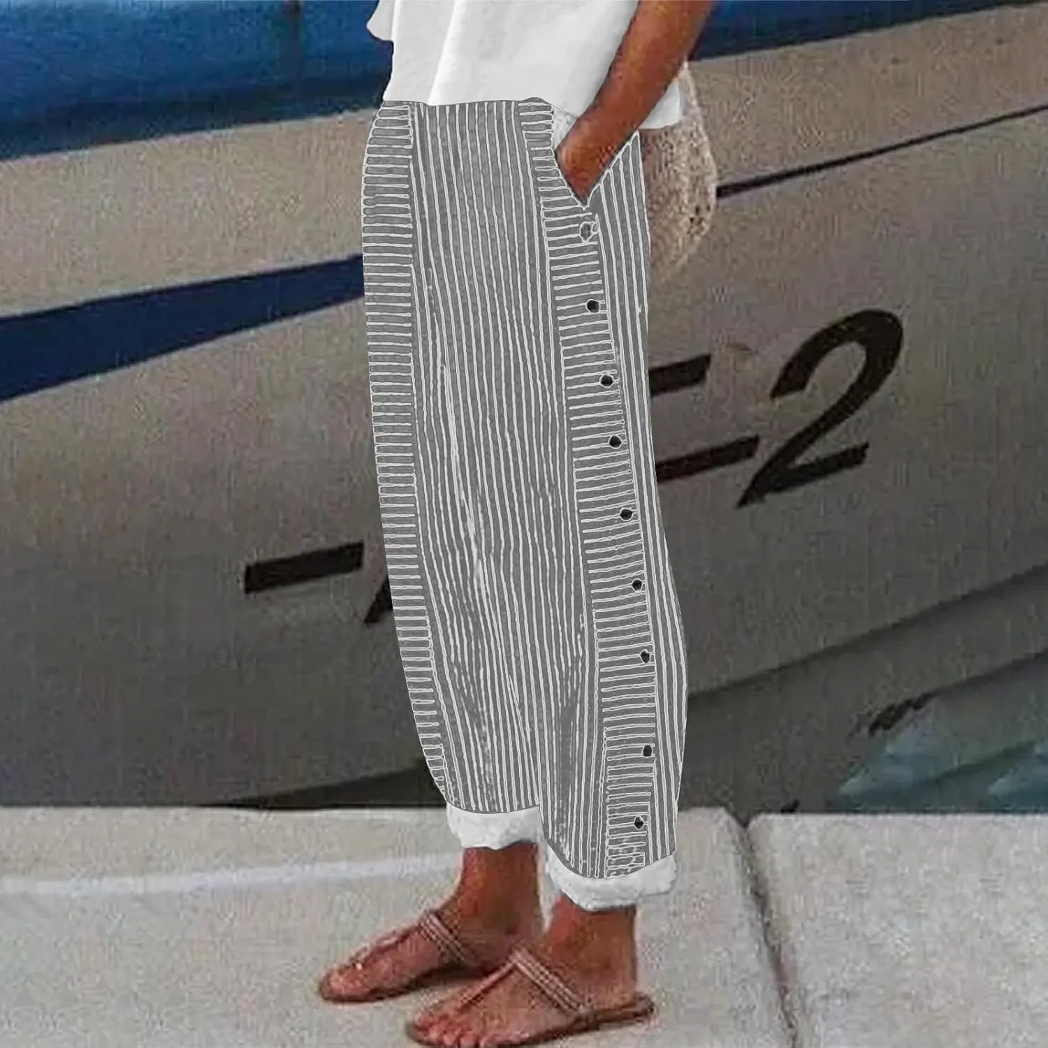 Women's Linen Pants 2025 Summer Pants for Women Casual Stripe Print Elastic Waist Straight Leg Comfy Trousers