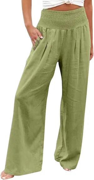 Womens Linen Pants 2025 Summer Smocked High Waisted Wide Leg Casual Palazzo Pants Flowy Beach Trousers with Pockets