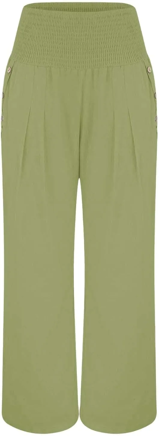 Womens Linen Pants 2025 Summer Smocked High Waisted Wide Leg Casual Palazzo Pants Flowy Beach Trousers with Pockets