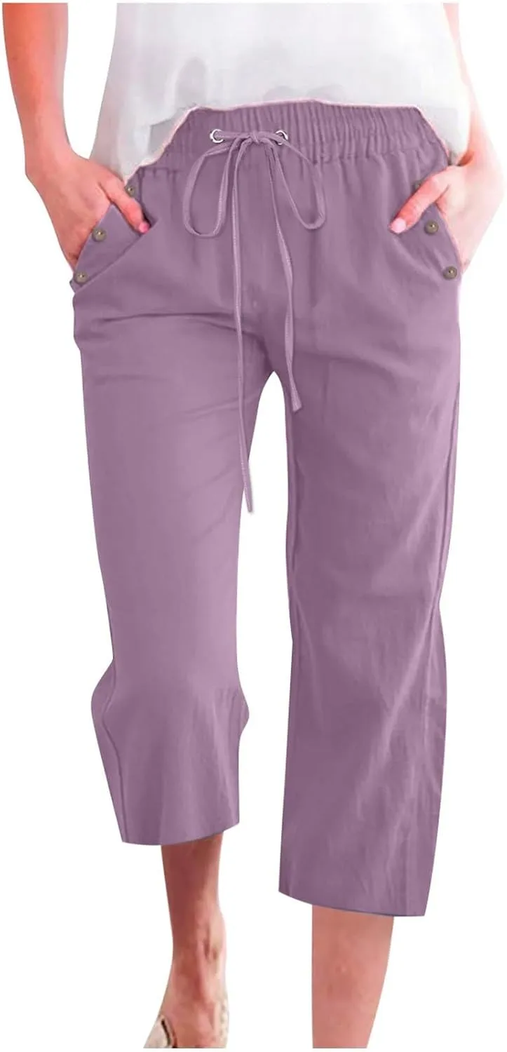 Womens Linen Pants Color Cotton Elastic Long Pants Beach Leisure Trousers Linen Business Work Casual Flowy