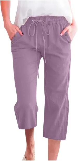Womens Linen Pants Color Cotton Elastic Long Pants Beach Leisure Trousers Linen Business Work Casual Flowy