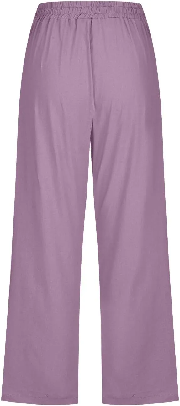 Womens Linen Pants Color Cotton Elastic Long Pants Beach Leisure Trousers Linen Business Work Casual Flowy
