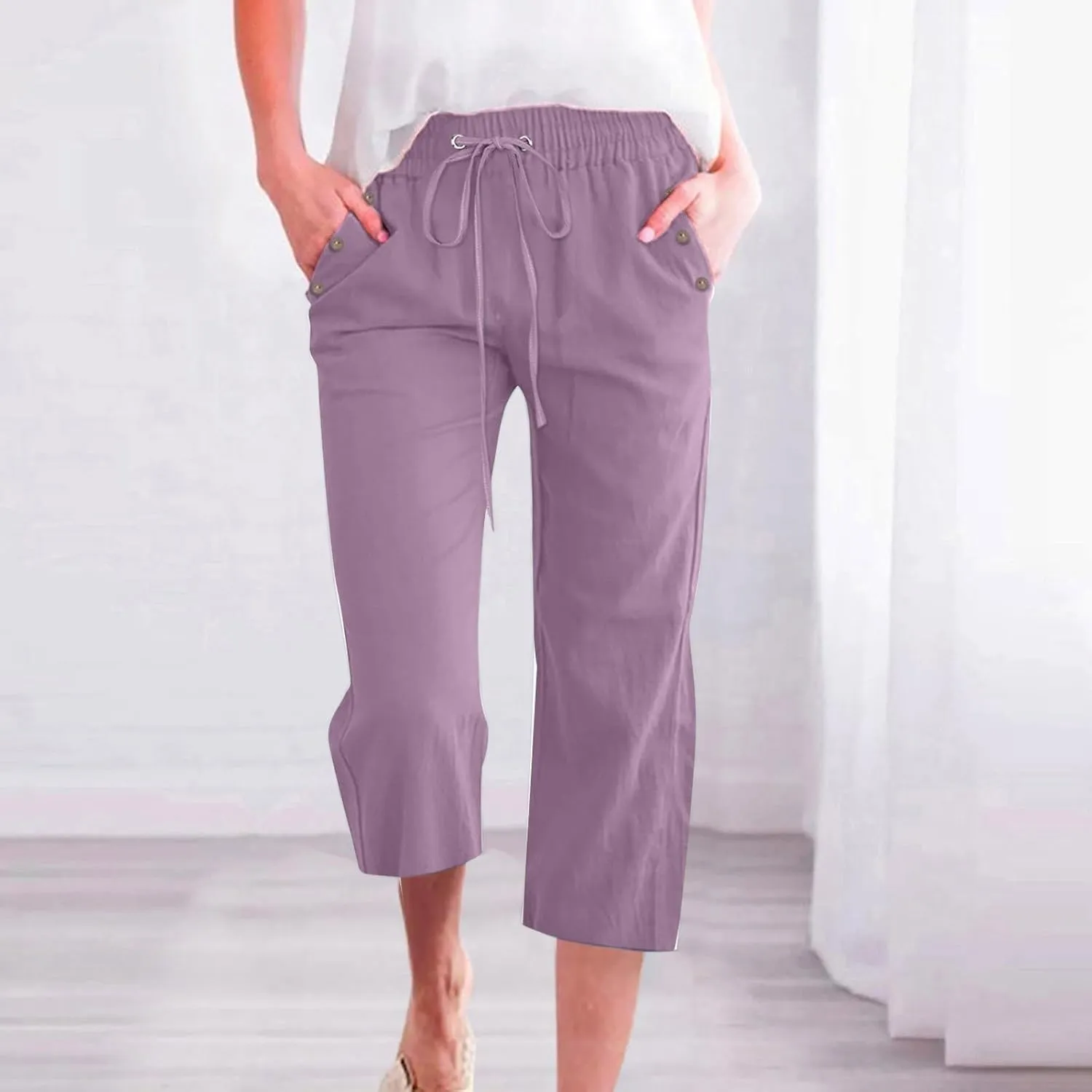 Womens Linen Pants Color Cotton Elastic Long Pants Beach Leisure Trousers Linen Business Work Casual Flowy