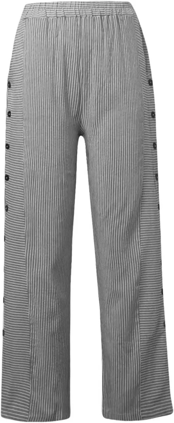 Women's Linen Pants Striped Side Button Elastic Waist Summer Trendy Pants Straight Leg Baggy Trousers with Pockets