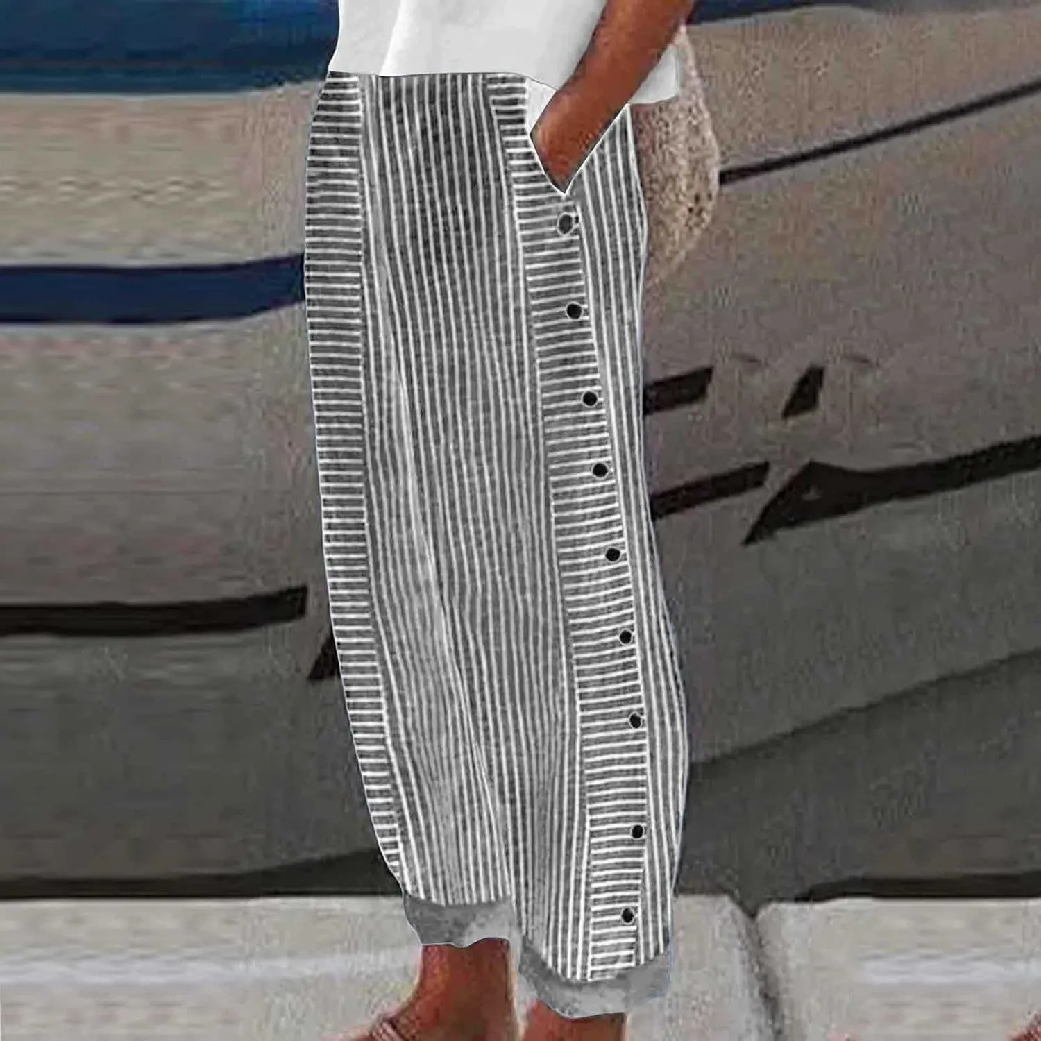 Women's Linen Pants Striped Side Button Elastic Waist Summer Trendy Pants Straight Leg Baggy Trousers with Pockets
