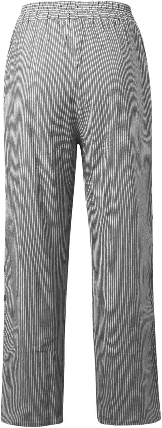Women's Linen Pants Striped Side Button Elastic Waist Summer Trendy Pants Straight Leg Baggy Trousers with Pockets