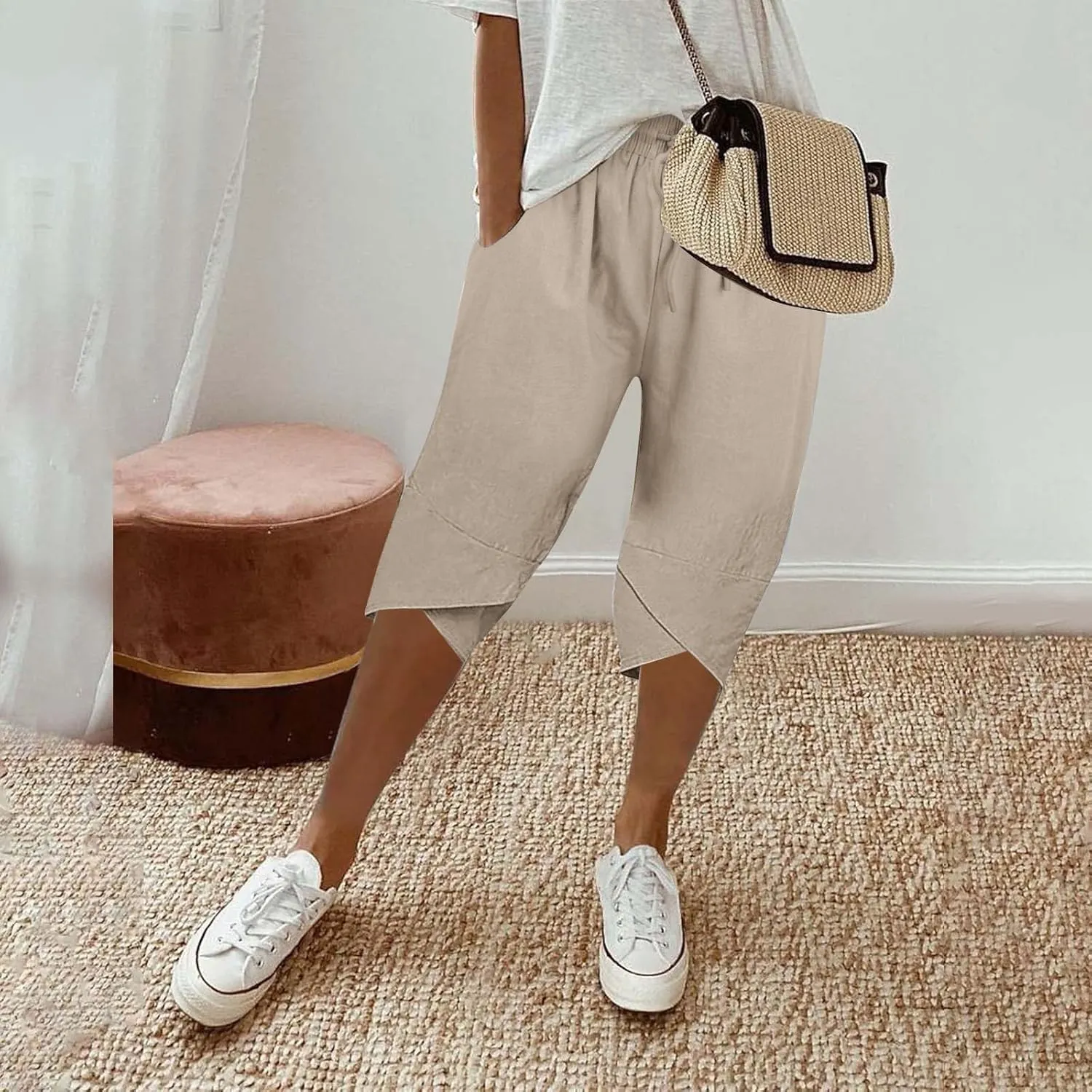 Women's Linen Pants Wide Leg Work Dress Pants Drawstring Casual Solid Color Shorts Cotton Linen Pants Casual 2025