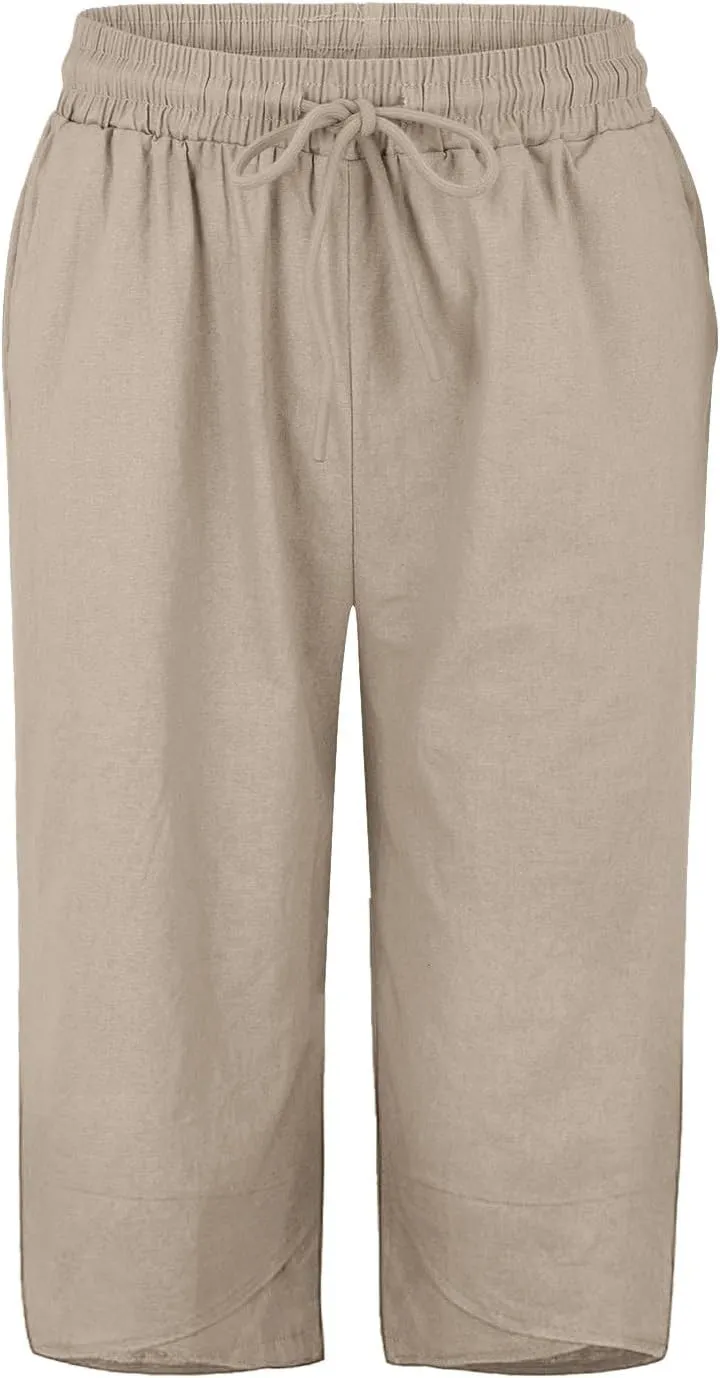 Women's Linen Pants Wide Leg Work Dress Pants Drawstring Casual Solid Color Shorts Cotton Linen Pants Casual 2025