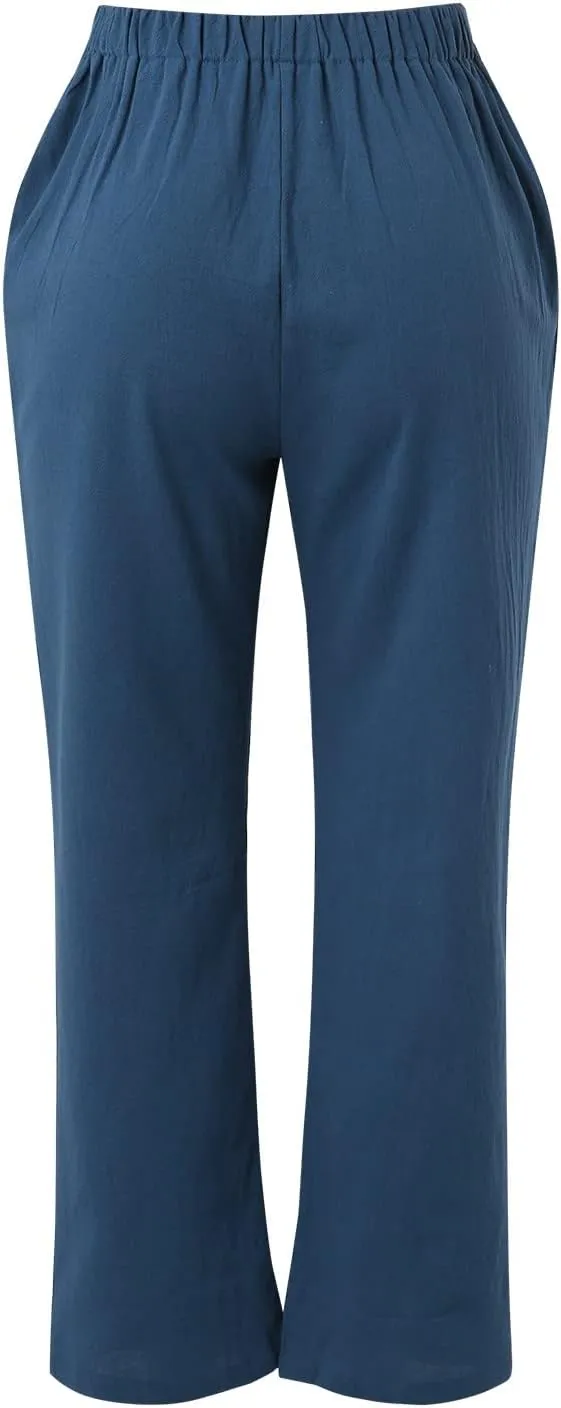 Womens Linen Wide Leg Pants and Straight Solid Elastic Pants Long Drawstring Women Waist Casual Wide Leg Palazzo