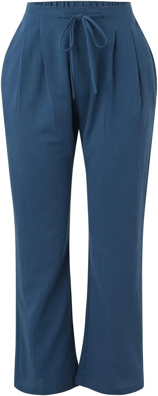 Womens Linen Wide Leg Pants and Straight Solid Elastic Pants Long Drawstring Women Waist Casual Wide Leg Palazzo