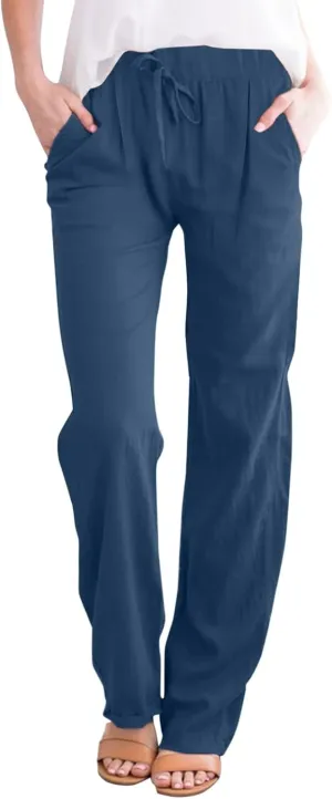 Womens Linen Wide Leg Pants and Straight Solid Elastic Pants Long Drawstring Women Waist Casual Wide Leg Palazzo