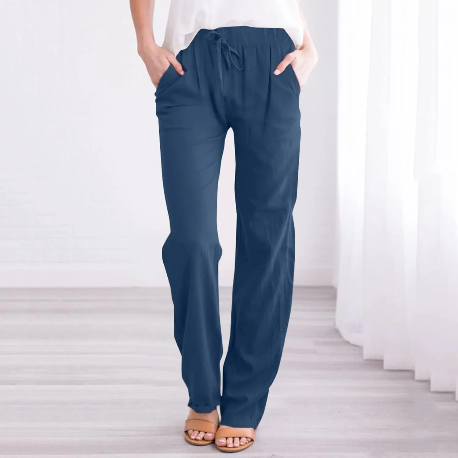 Womens Linen Wide Leg Pants and Straight Solid Elastic Pants Long Drawstring Women Waist Casual Wide Leg Palazzo