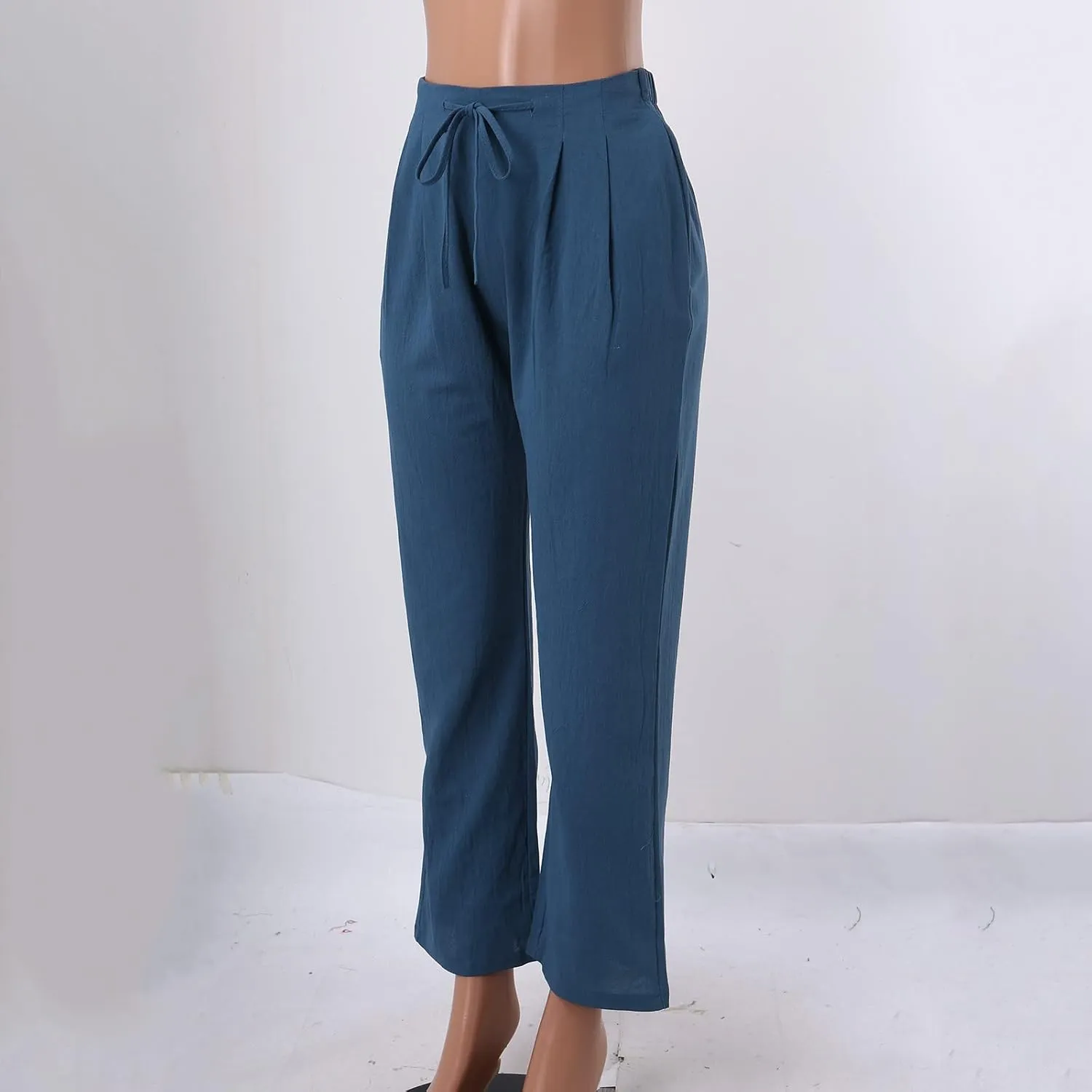 Womens Linen Wide Leg Pants and Straight Solid Elastic Pants Long Drawstring Women Waist Casual Wide Leg Palazzo
