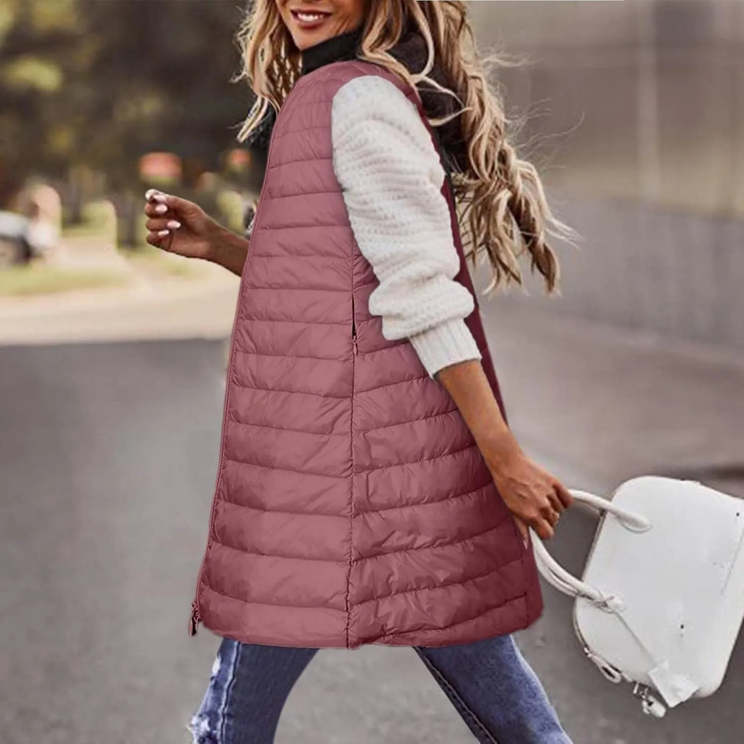 Womens Long Puffer Vest Lightweight Sleeveless Zip up Qulited Jackets Casual Winter Warm Cozy Padded Coat with Pocket