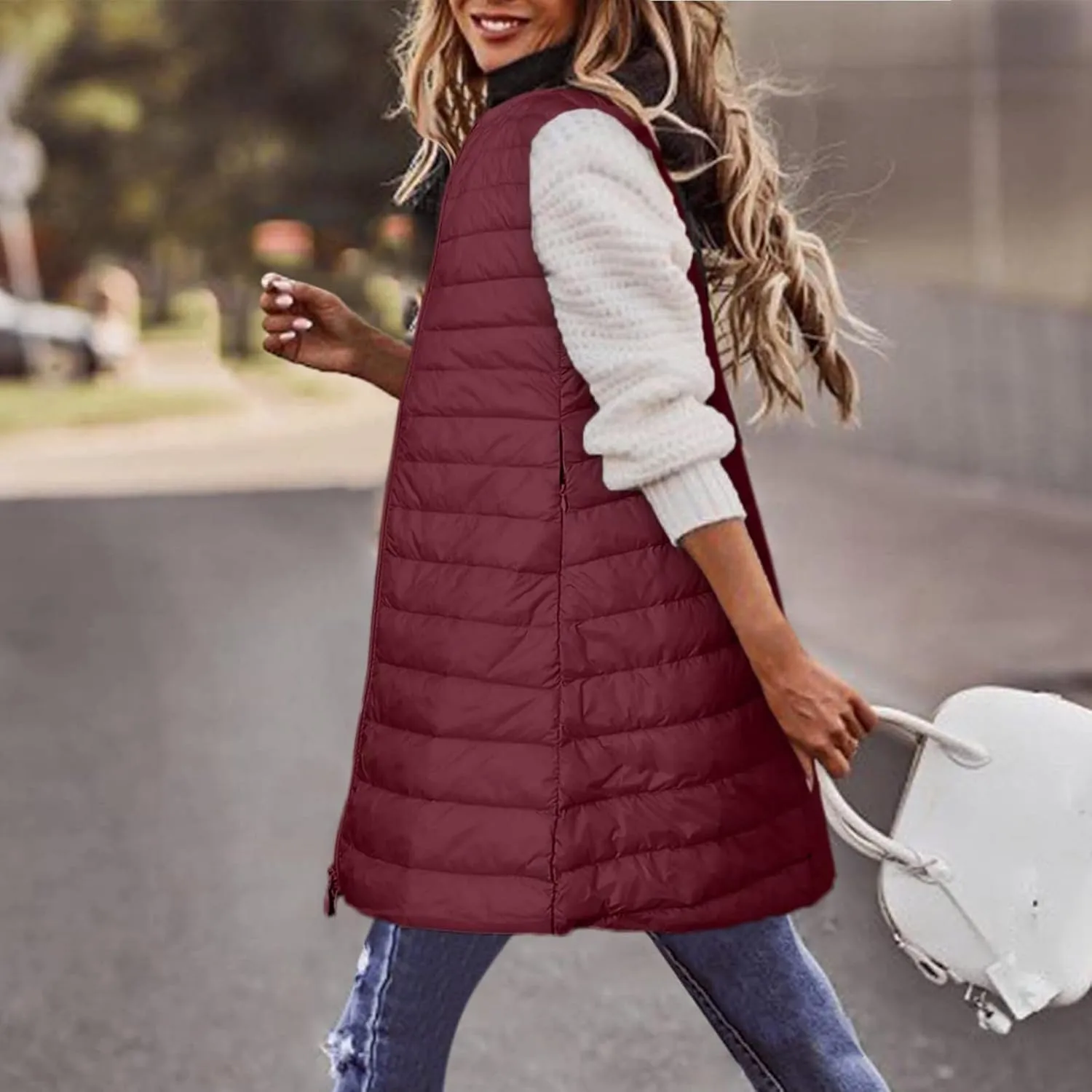 Womens Long Puffer Vest Lightweight Sleeveless Zip up Qulited Jackets Casual Winter Warm Cozy Padded Coat with Pocket