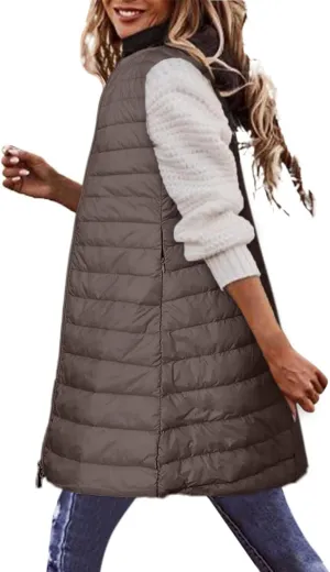 Womens Long Puffer Vest Lightweight Sleeveless Zip up Qulited Jackets Casual Winter Warm Cozy Padded Coat with Pocket