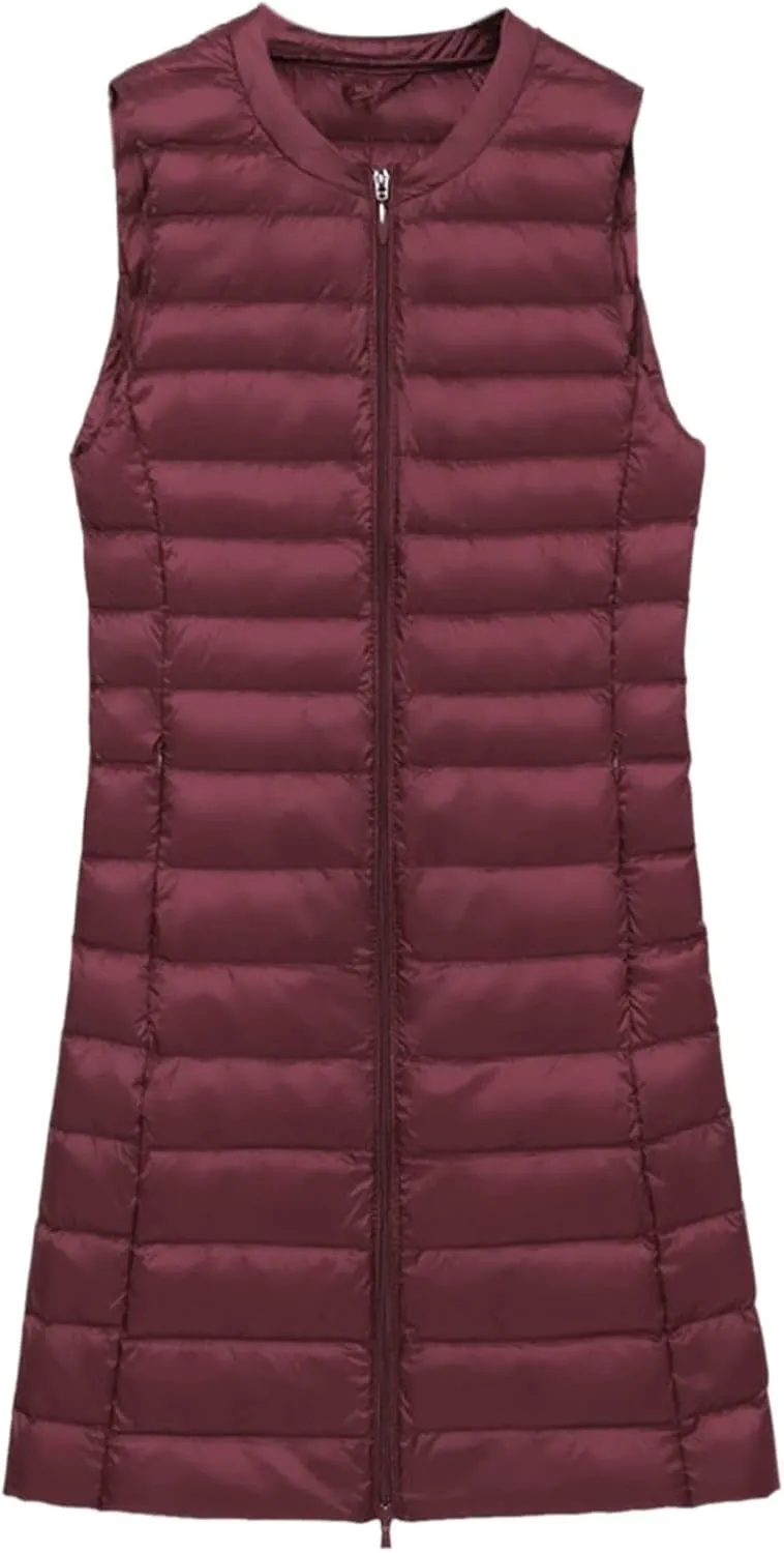 Womens Long Puffer Vest Lightweight Sleeveless Zip up Qulited Jackets Casual Winter Warm Cozy Padded Coat with Pocket