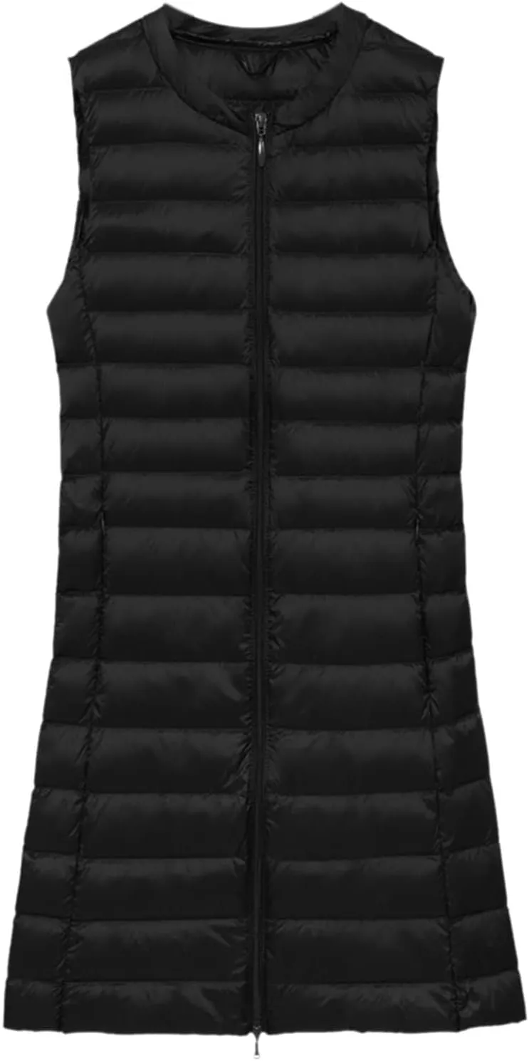 Womens Long Puffer Vest Lightweight Sleeveless Zip up Qulited Jackets Casual Winter Warm Cozy Padded Coat with Pocket