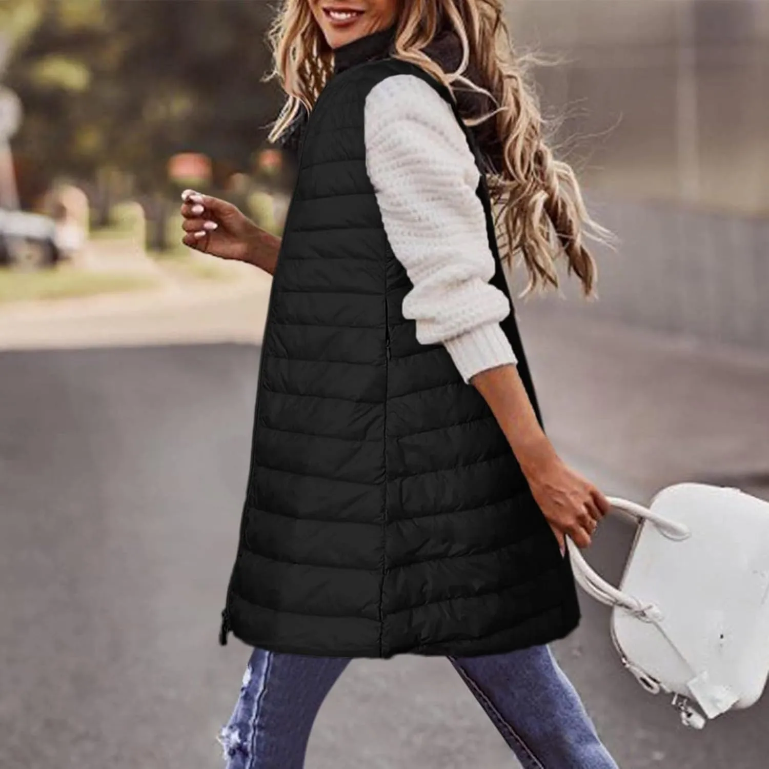 Womens Long Puffer Vest Lightweight Sleeveless Zip up Qulited Jackets Casual Winter Warm Cozy Padded Coat with Pocket