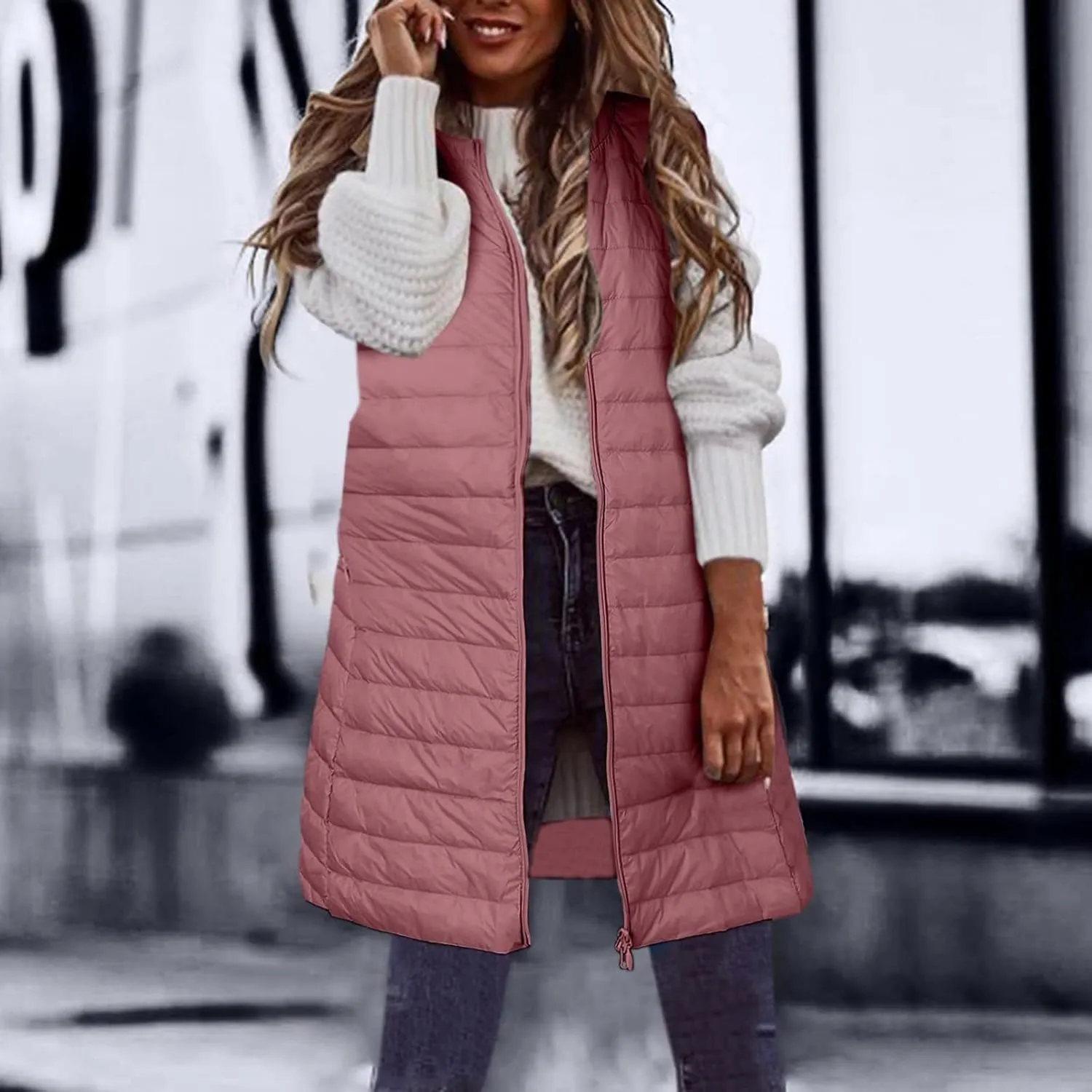 Womens Long Puffer Vest Lightweight Sleeveless Zip up Qulited Jackets Casual Winter Warm Cozy Padded Coat with Pocket