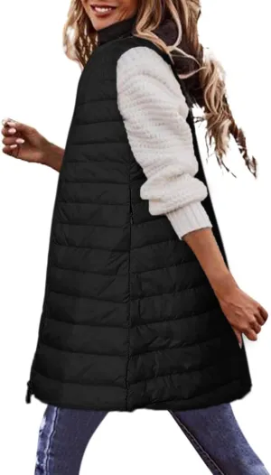 Womens Long Puffer Vest Lightweight Sleeveless Zip up Qulited Jackets Casual Winter Warm Cozy Padded Coat with Pocket