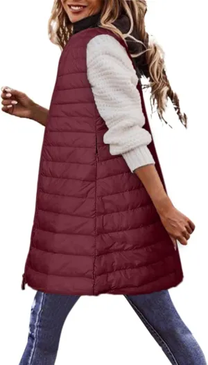 Womens Long Puffer Vest Lightweight Sleeveless Zip up Qulited Jackets Casual Winter Warm Cozy Padded Coat with Pocket