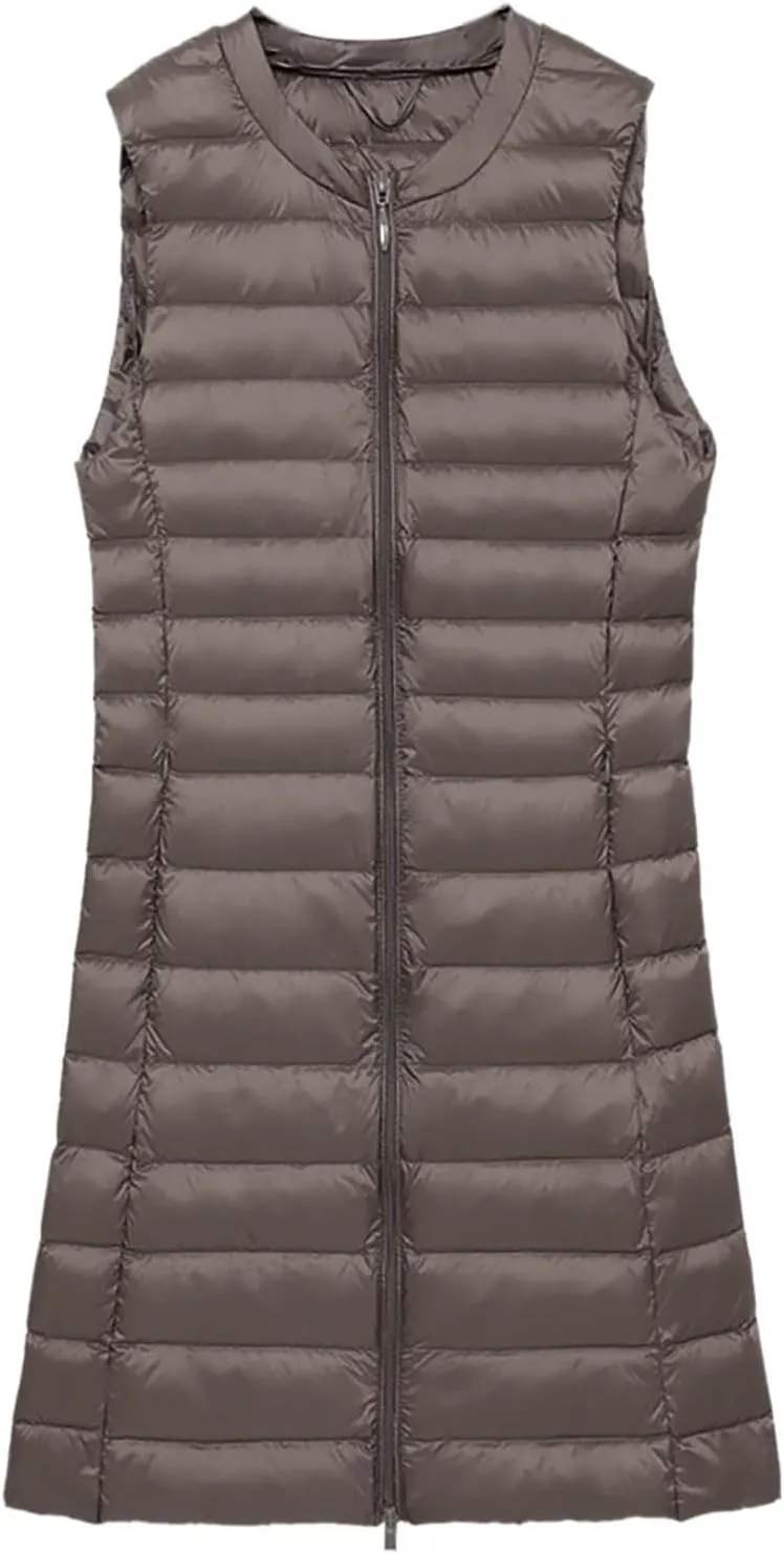 Womens Long Puffer Vest Lightweight Sleeveless Zip up Qulited Jackets Casual Winter Warm Cozy Padded Coat with Pocket