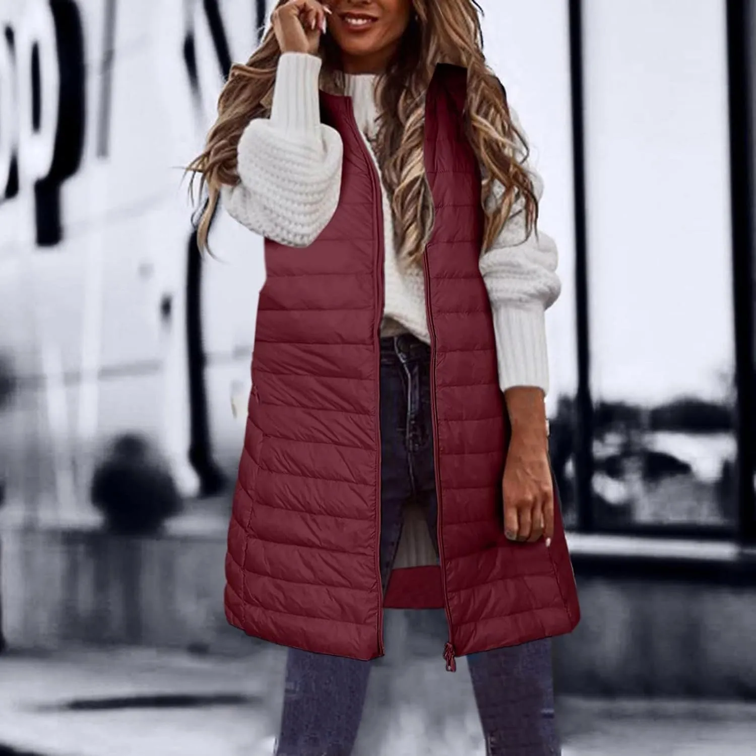 Womens Long Puffer Vest Lightweight Sleeveless Zip up Qulited Jackets Casual Winter Warm Cozy Padded Coat with Pocket
