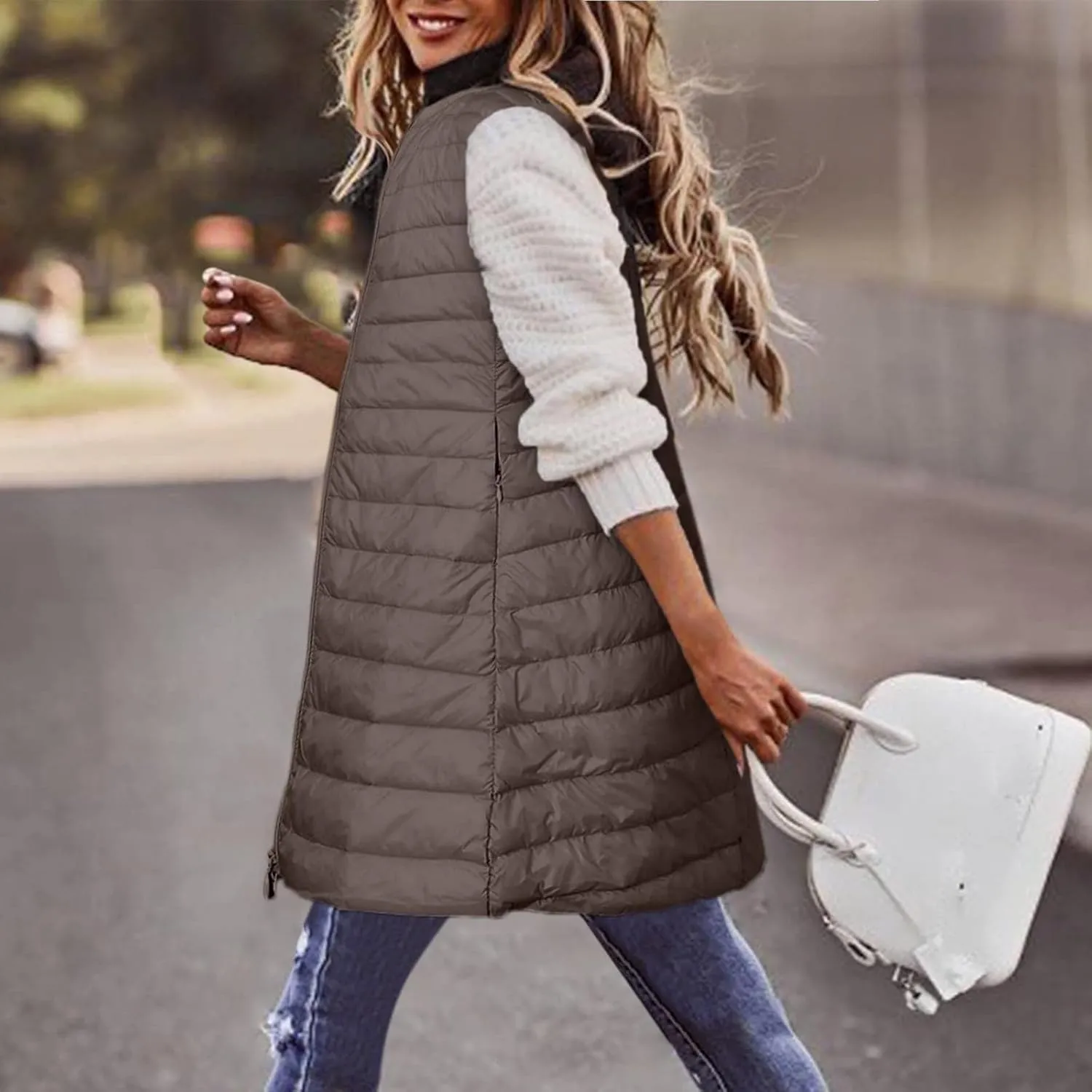 Womens Long Puffer Vest Lightweight Sleeveless Zip up Qulited Jackets Casual Winter Warm Cozy Padded Coat with Pocket