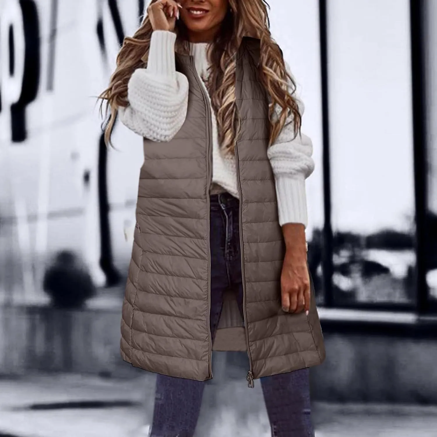 Womens Long Puffer Vest Lightweight Sleeveless Zip up Qulited Jackets Casual Winter Warm Cozy Padded Coat with Pocket