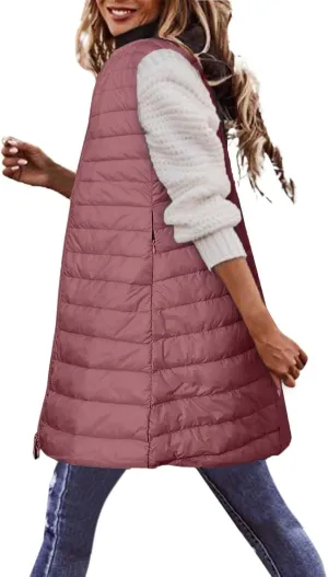 Womens Long Puffer Vest Lightweight Sleeveless Zip up Qulited Jackets Casual Winter Warm Cozy Padded Coat with Pocket