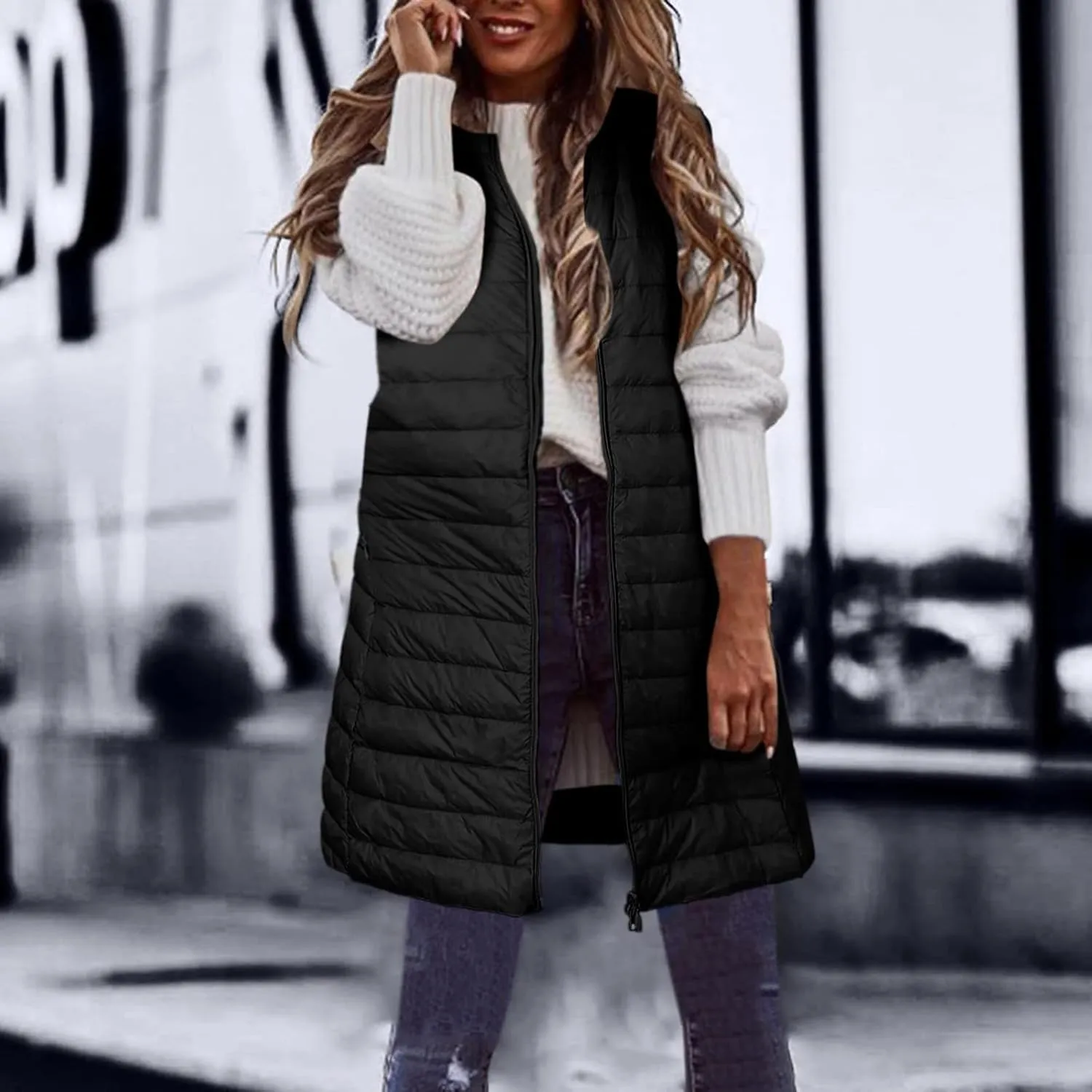 Womens Long Puffer Vest Lightweight Sleeveless Zip up Qulited Jackets Casual Winter Warm Cozy Padded Coat with Pocket