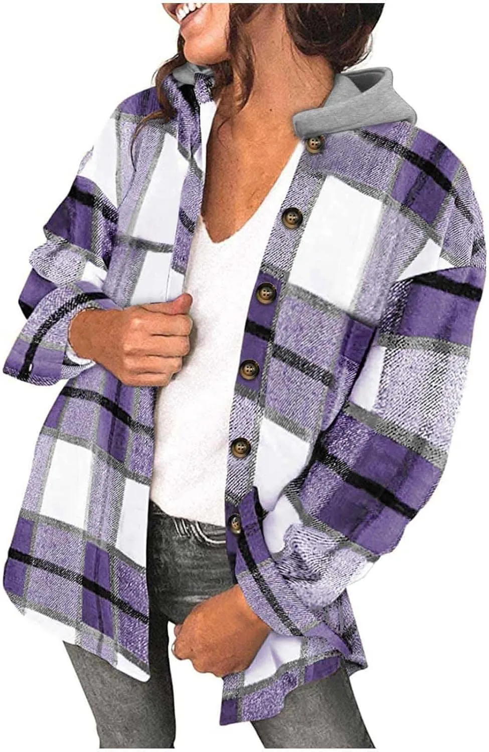 Womens Long Sleeve Button Down Plaid Shirts Casual Fall Fashion 2023 Flannel Shacket Hooded Jacket Hoodie Coats